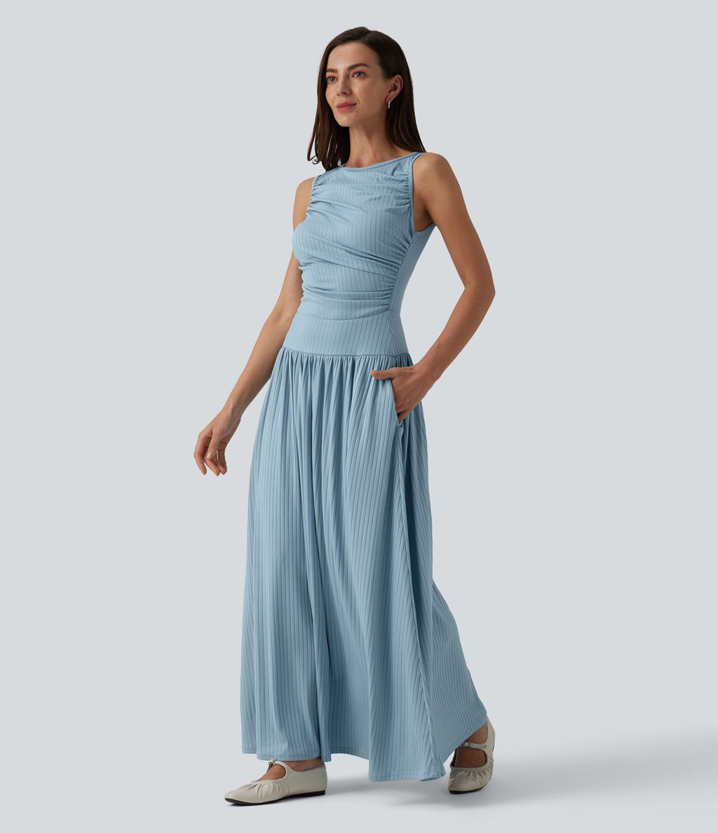 Robe longue fluide casual col bateau à bretelles asymétriques et fronces en maille côtelée avec poches