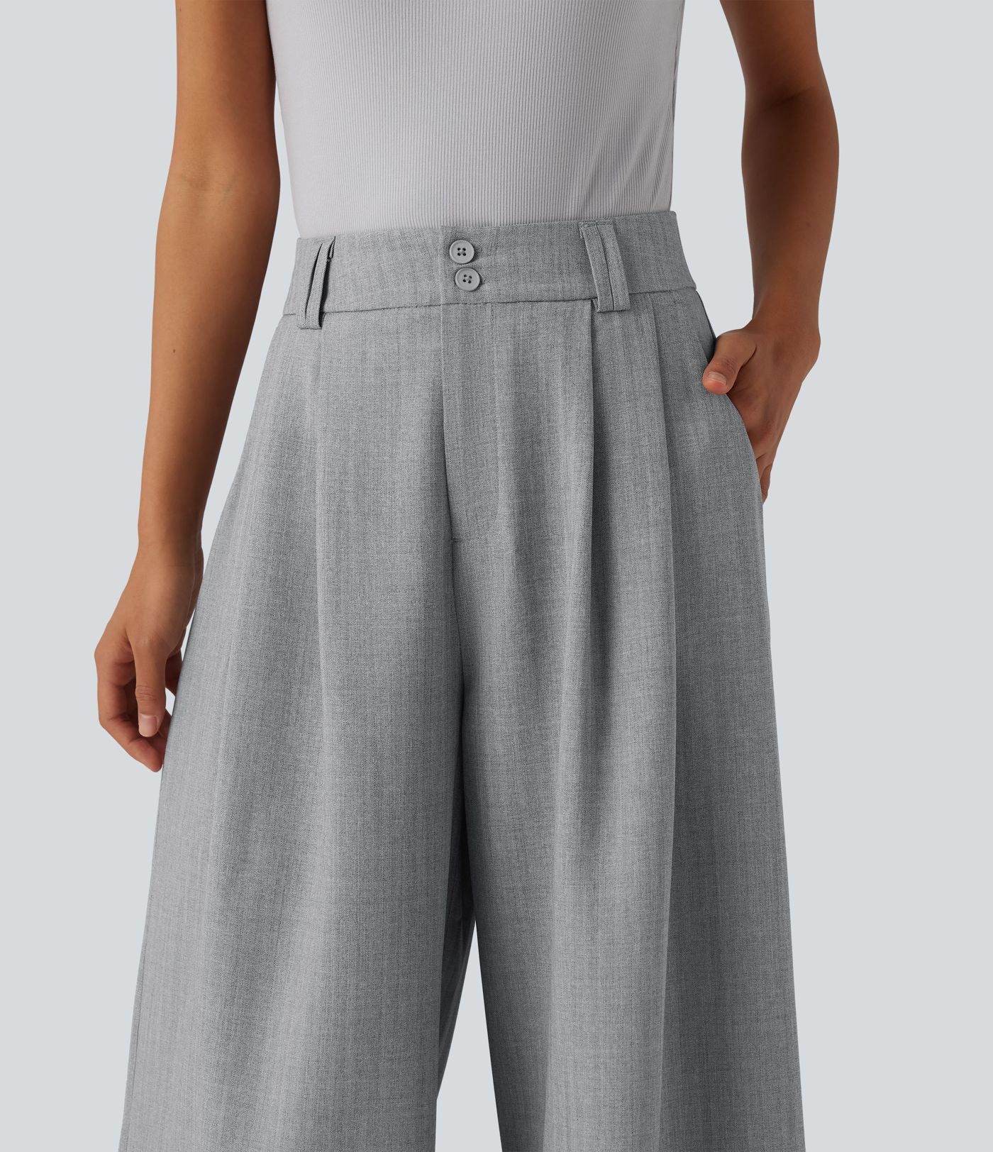 Pantalon tailleur 7/8 large plissé taille haute aspect lin avec poches