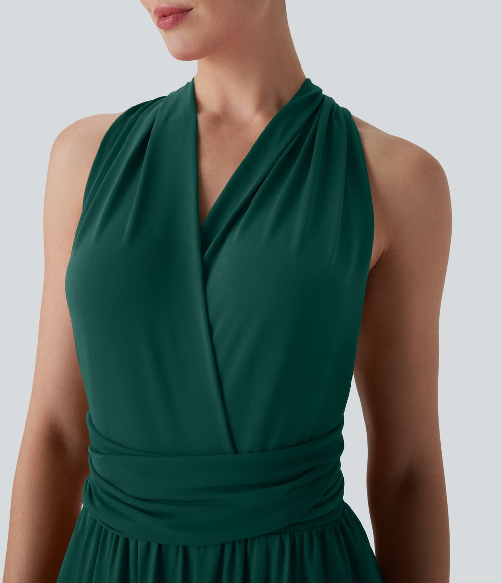 Robe longue de soirée col V, manches courtes, dos croisé à nouer, fendue avec poche latérale