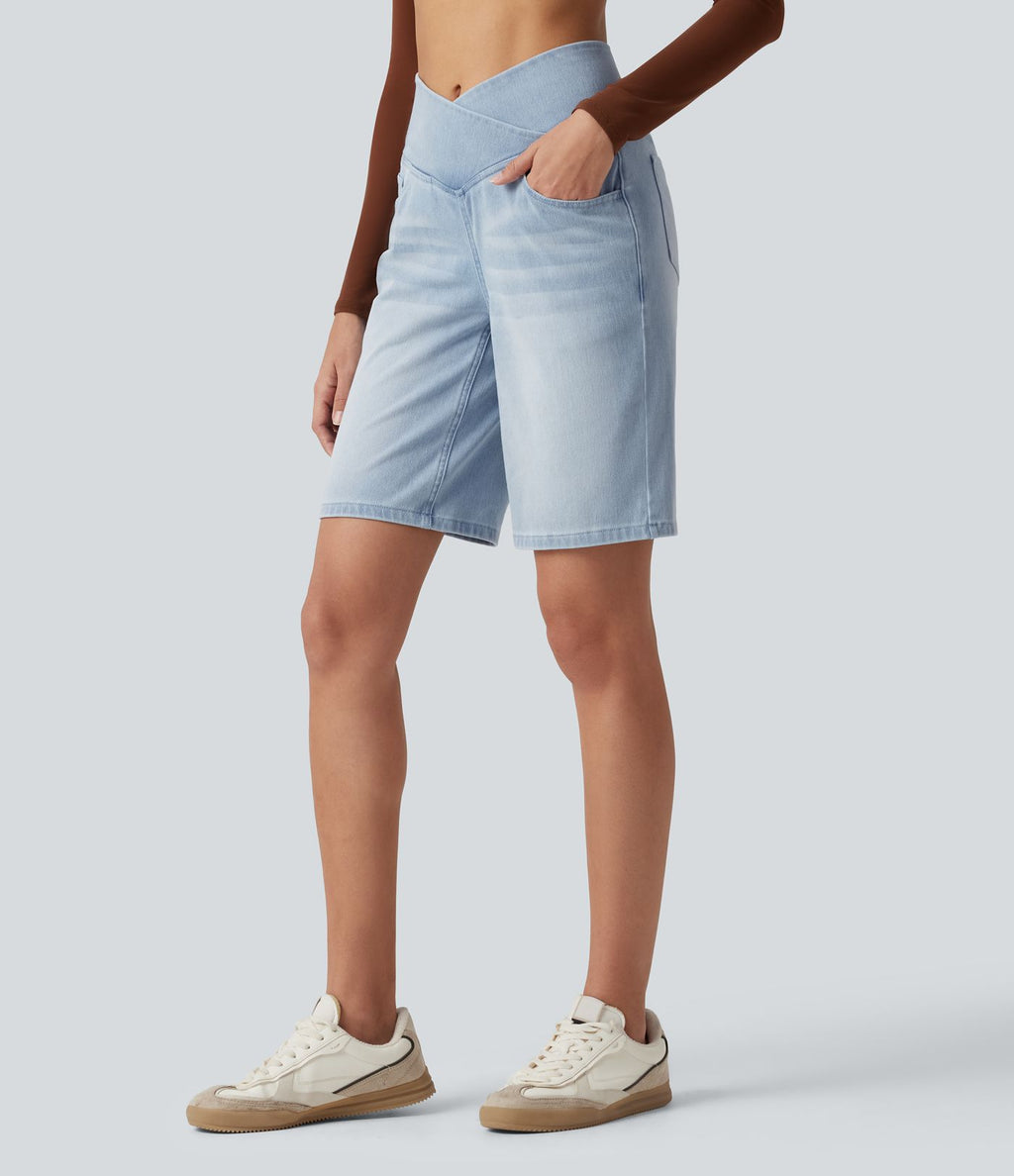 Short en jean Halara Flex™ casual gainant taille haute croisée avec poches