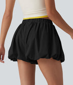 Short bouffant casual taille mi-haute en popeline extensible avec poches