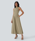 Robe longue décontractée sans manches à col montant, coupe évasée et poches latérales
