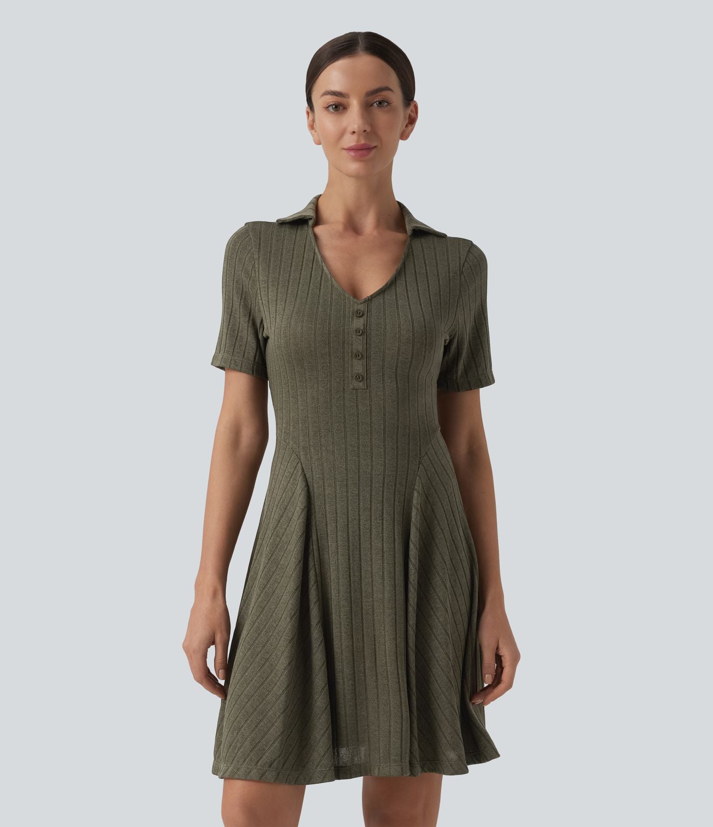 Robe mini casual évasée col V manches courtes en maille côtelée