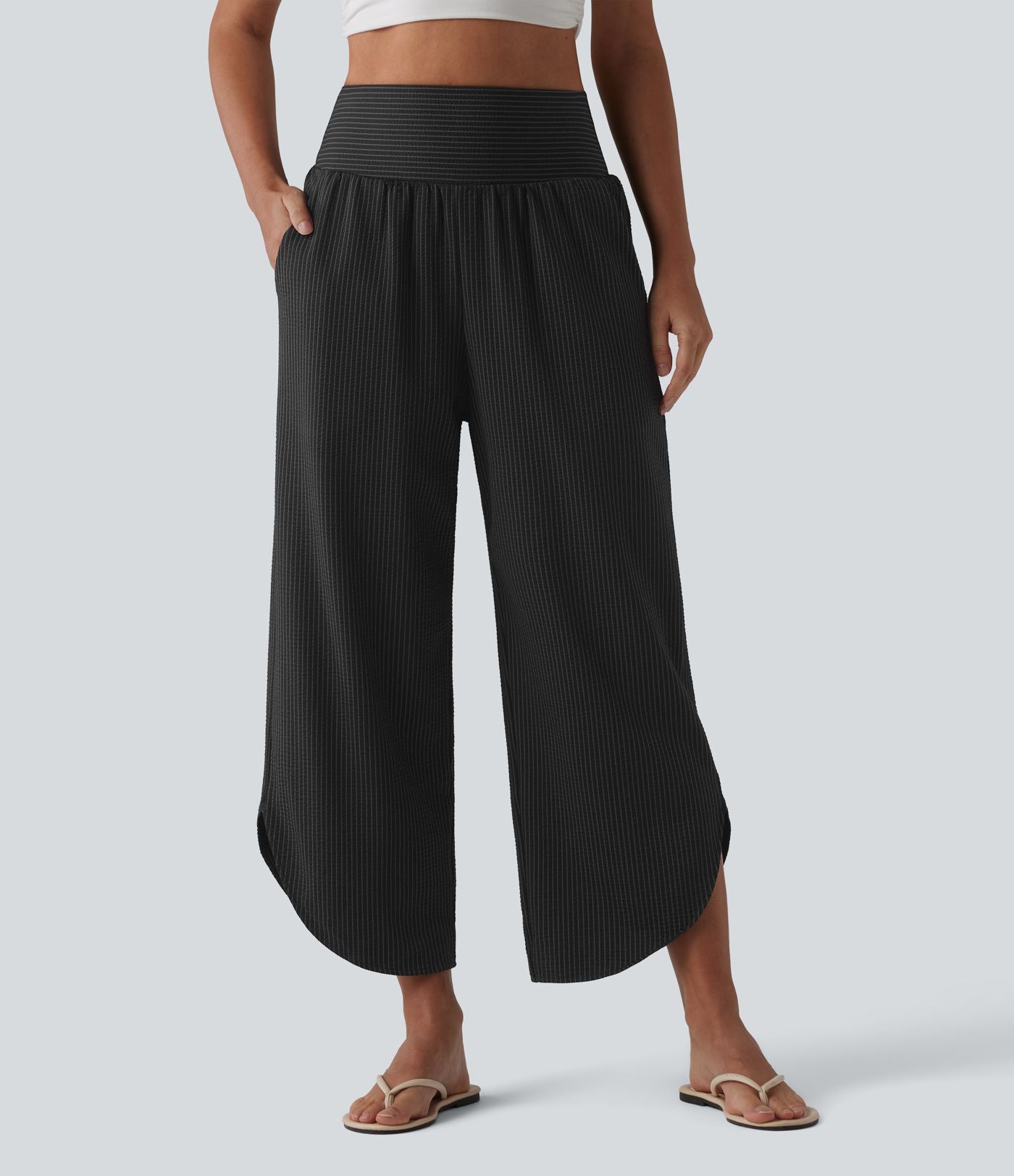 Pantalon décontracté taille haute ventre plat à rayures séchage rapide avec poches - UPF40+