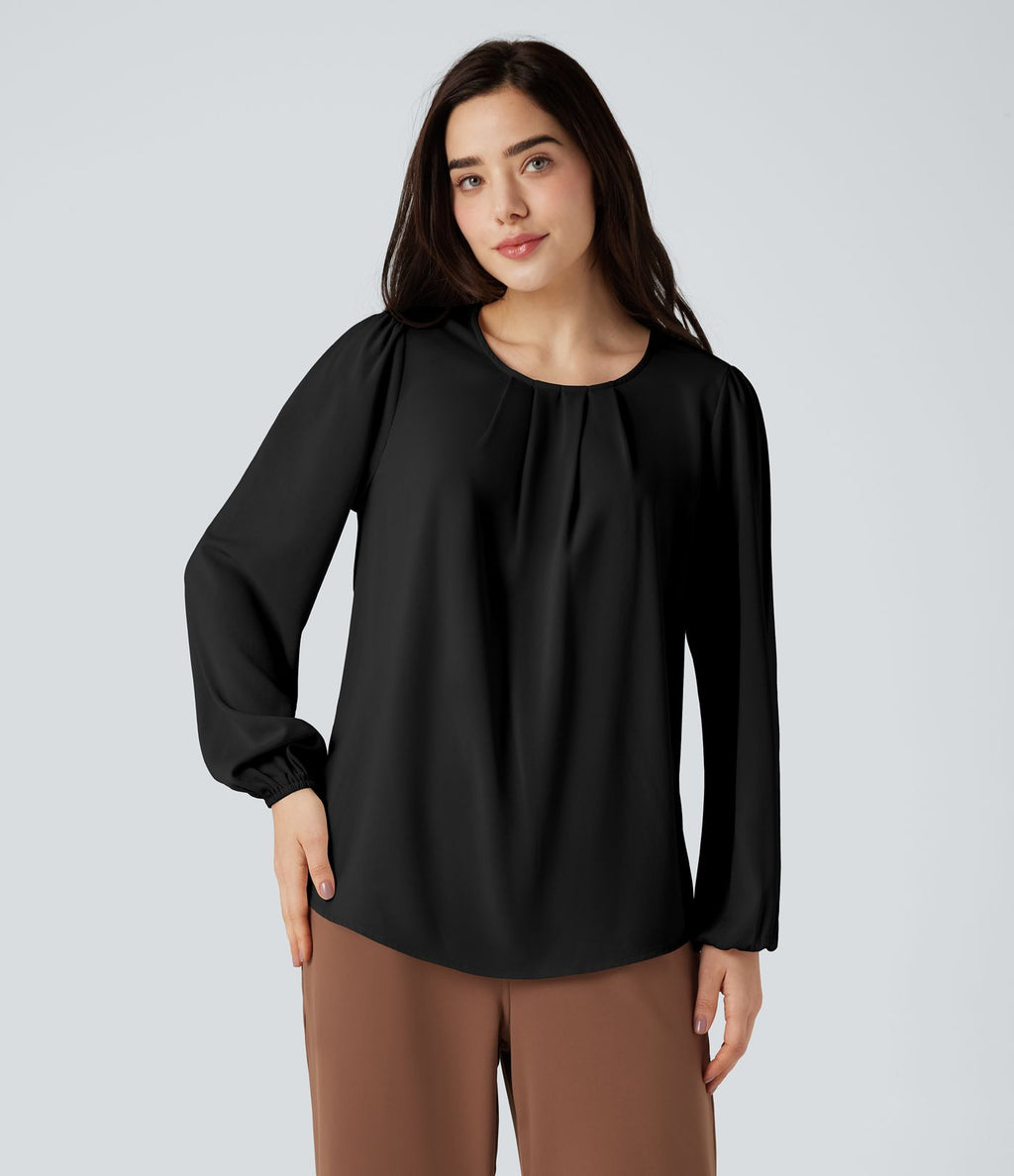 Blouse tailleur décontractée col rond dos keyhole manches bouffantes ourlet arrondi