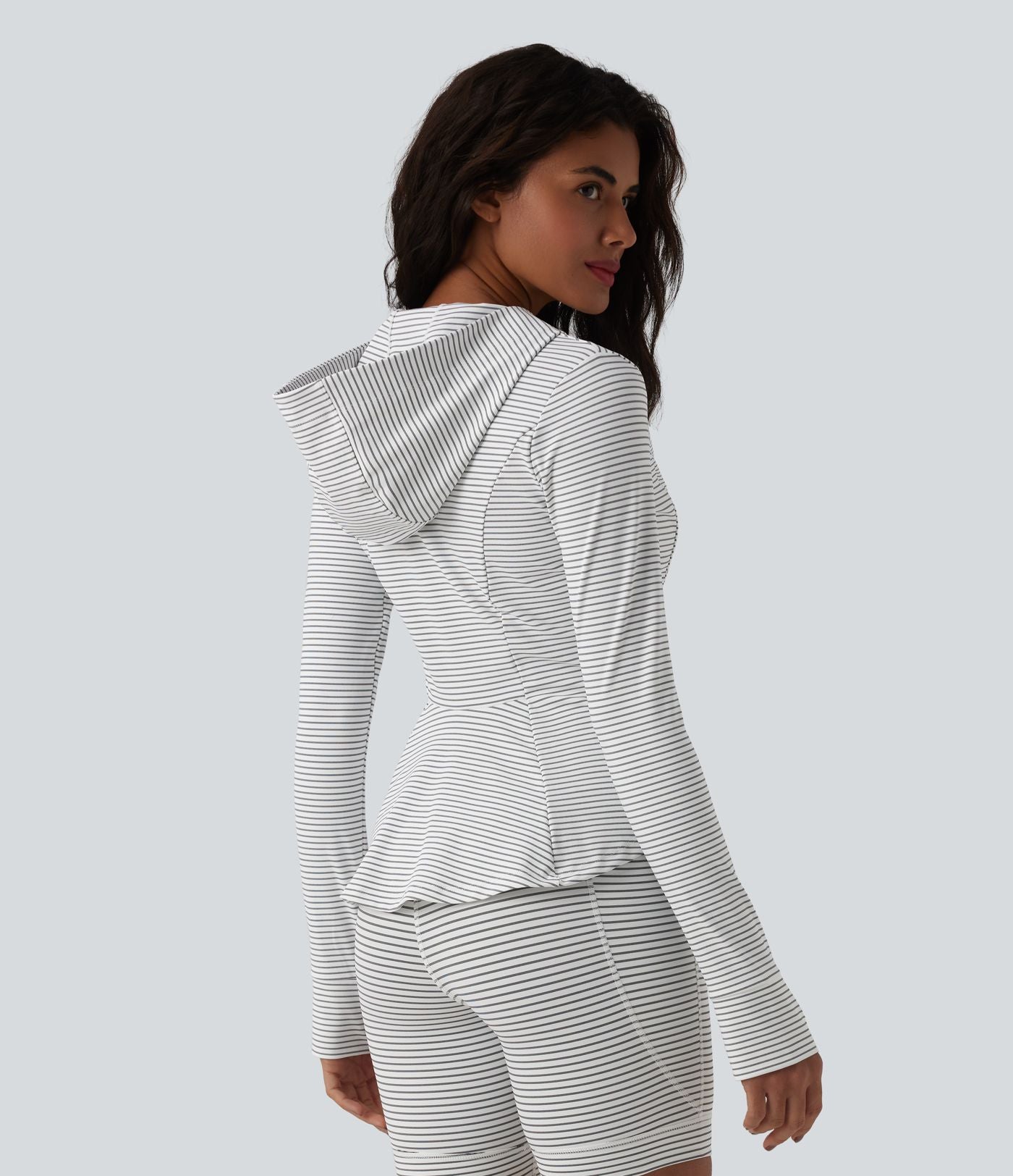 Veste de yoga à capuche manches longues avec trous pour pouces et rayures avec poches