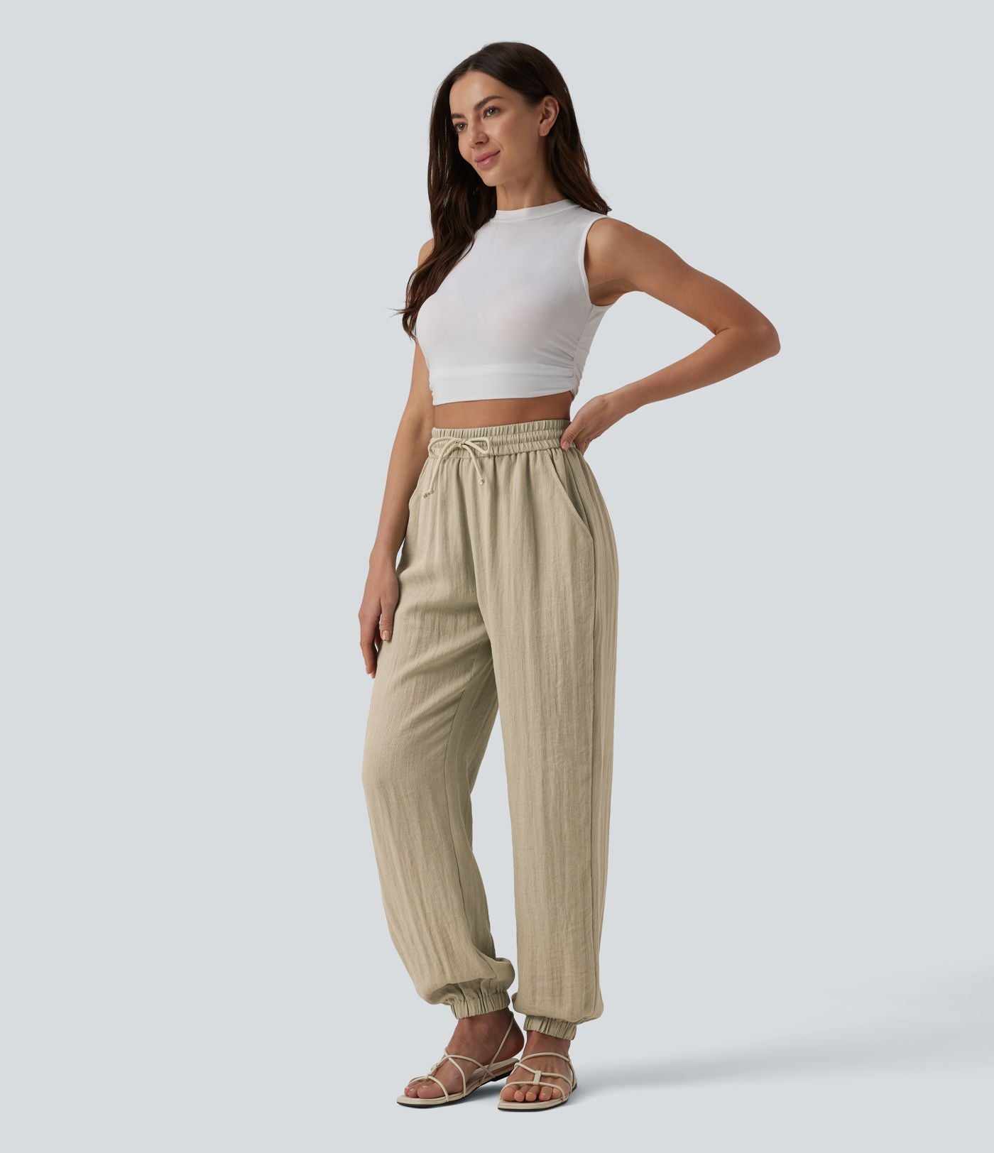 Jogging casual large ample taille haute aspect lin à cordon de serrage avec poches