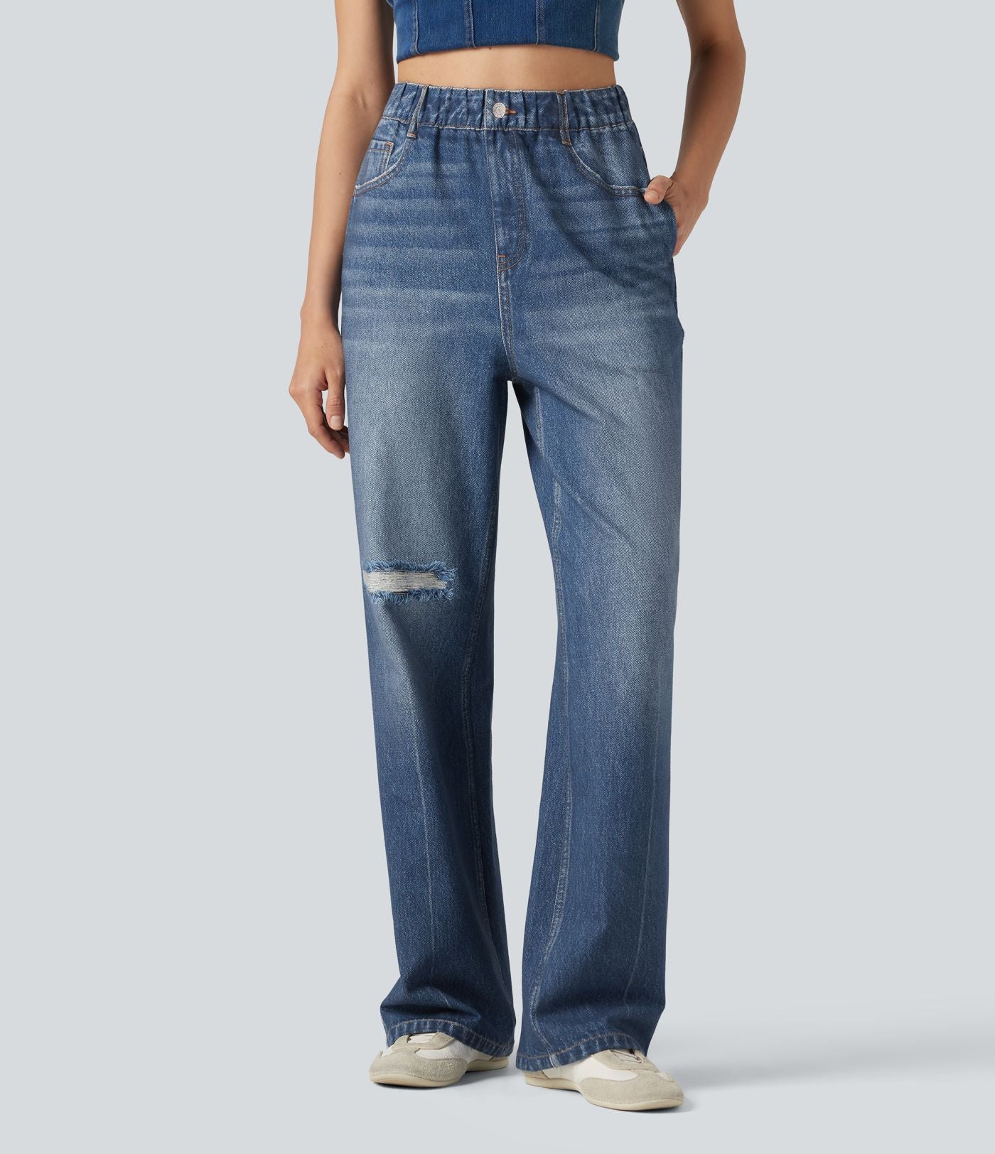 Pantalon de jogging taille haute en molleton French Terry imprimé jean avec poches