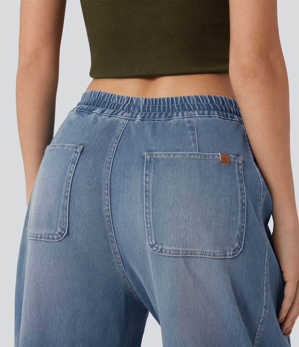 Jean jogging barrel Halara Flex™ molleton français délavé jambe ballon taille mi-haute avec cordon de serrage et poches