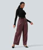 Pantalon large en tissu enduit molleton taille haute avec poches