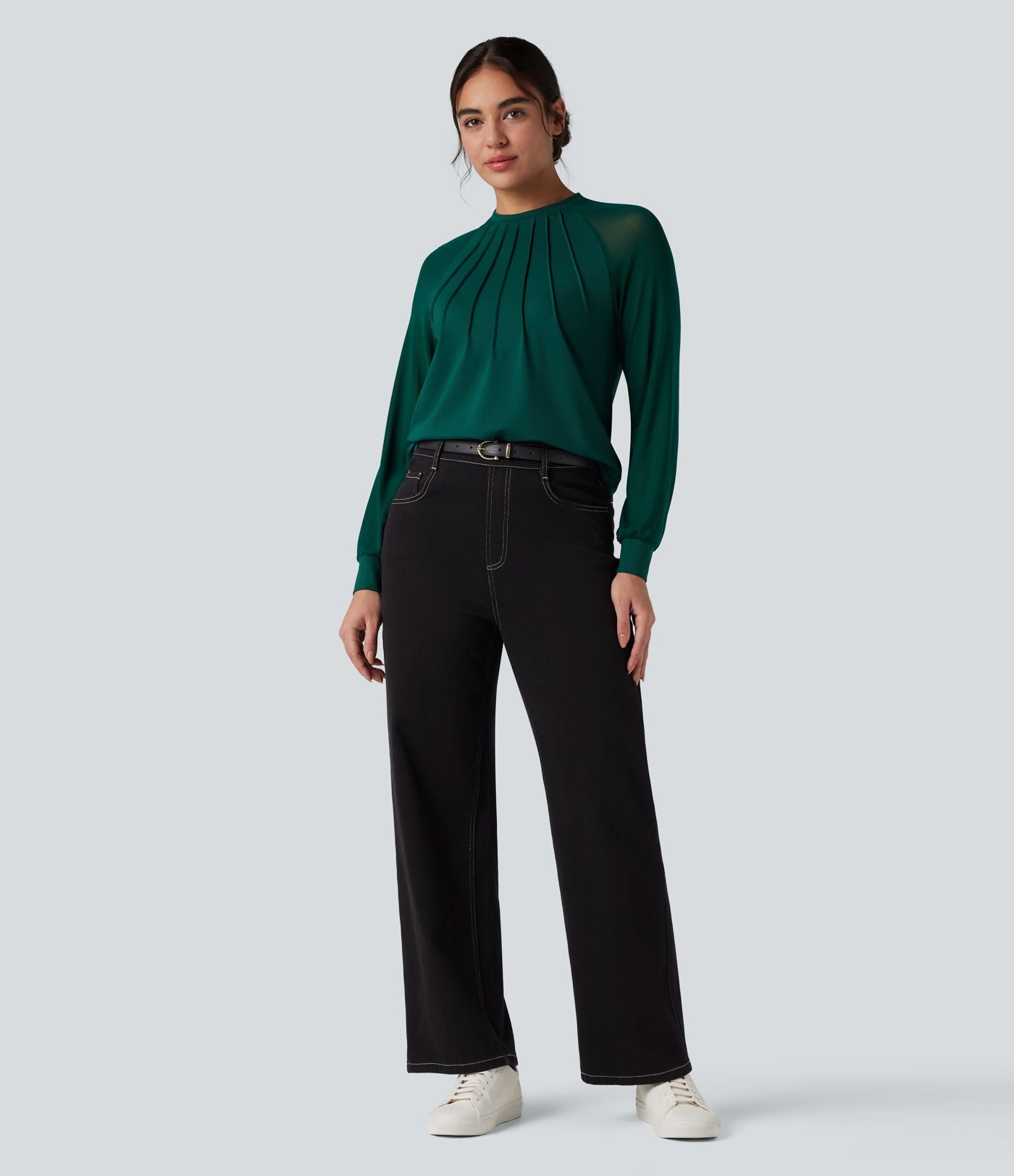 Blouse mesh contrastant col rond manches raglan longues