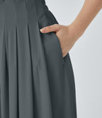 Pantalon décontracté palazzo en maille gaufrée, fluide, large, plissé, taille haute, avec poches
