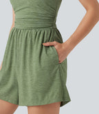 Combi-short casual 2-en-1 chiné froncé avec brassière intégrée et poches — Édition Easy Peasy