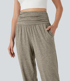 Jogging taille haute froncé chiné avec poches