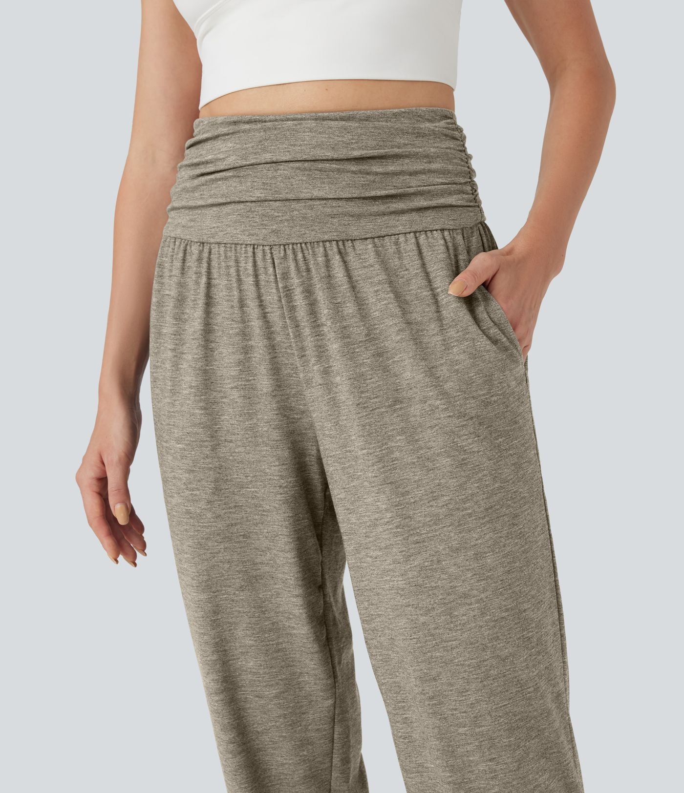 Jogging taille haute froncé chiné avec poches