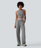 Pantalon de yoga jambes droites taille haute chiné avec double ceinture, cordon de serrage et poches