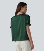 Blouse décontractée col rond manches bouffantes courtes avec dentelle contrastée