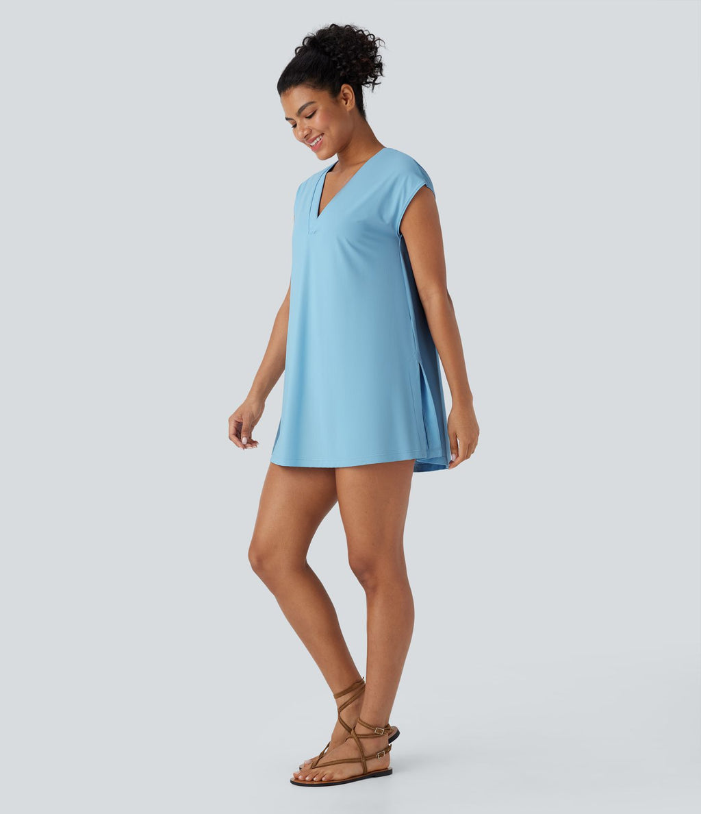 Cache-maillot décontracté à col V avec fente, à effet frais InstantCool, protection solaire UPF50+