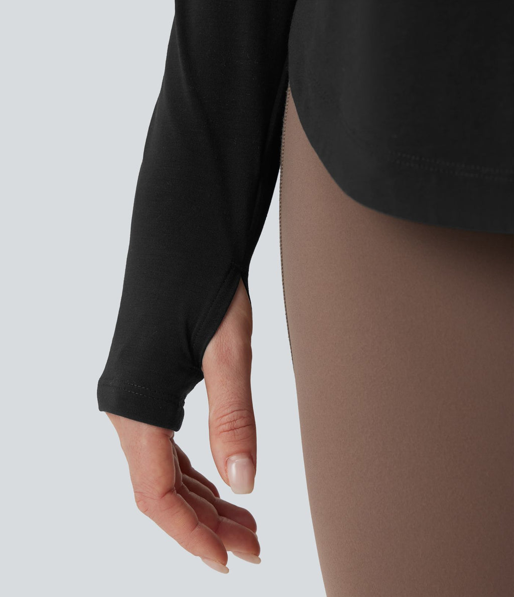 Top yoga sport séchage rapide une épaule manches longues trous pouces ourlet arrondi haut-bas