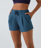 Short 7,5cm Casual à Taille Moyenne avec Ceinture Élastique Cordon de Serrage et Poches Latérales Ruchées