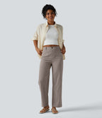 Pantalon taille haute coupe droite effet lin avec poches