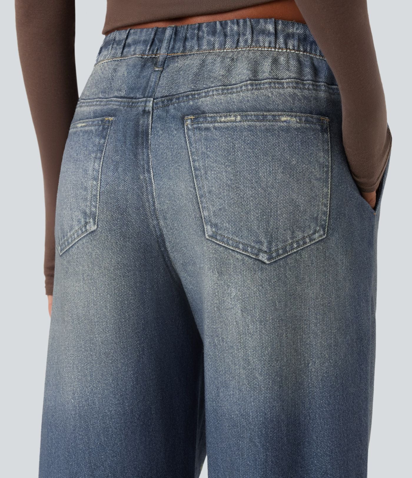 Jogging jean décontracté en molleton French Terry imprimé denim taille mi-haute avec poches