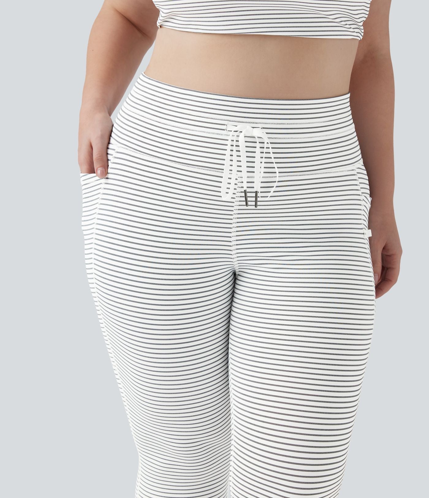 Legging yoga grande taille taille haute avec cordon de serrage à rayures avec poches
