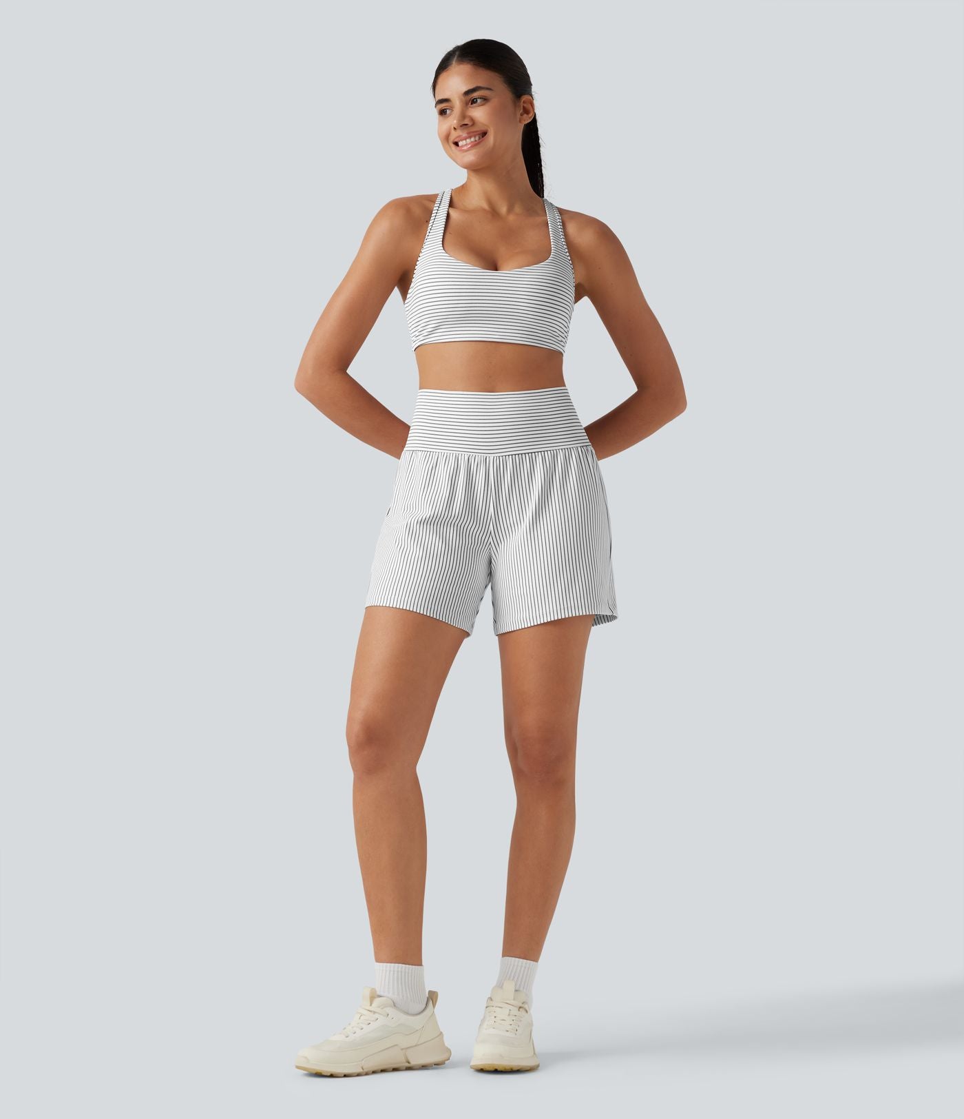 Short de yoga 2-en-1 à rayures, taille très haute, 12,5 cm, à poches