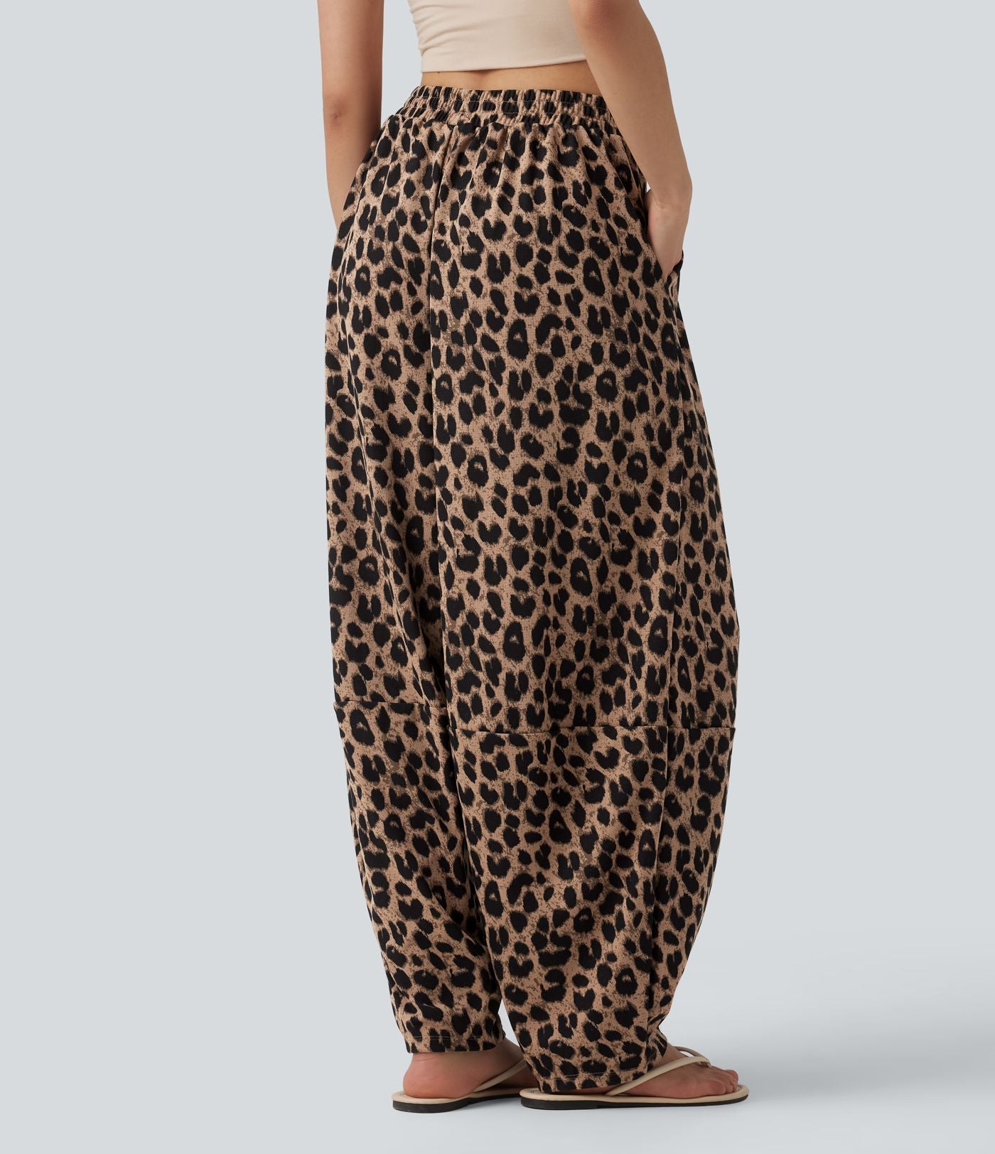 Jogging casual fluide gaufré imprimé léopard taille haute avec poches