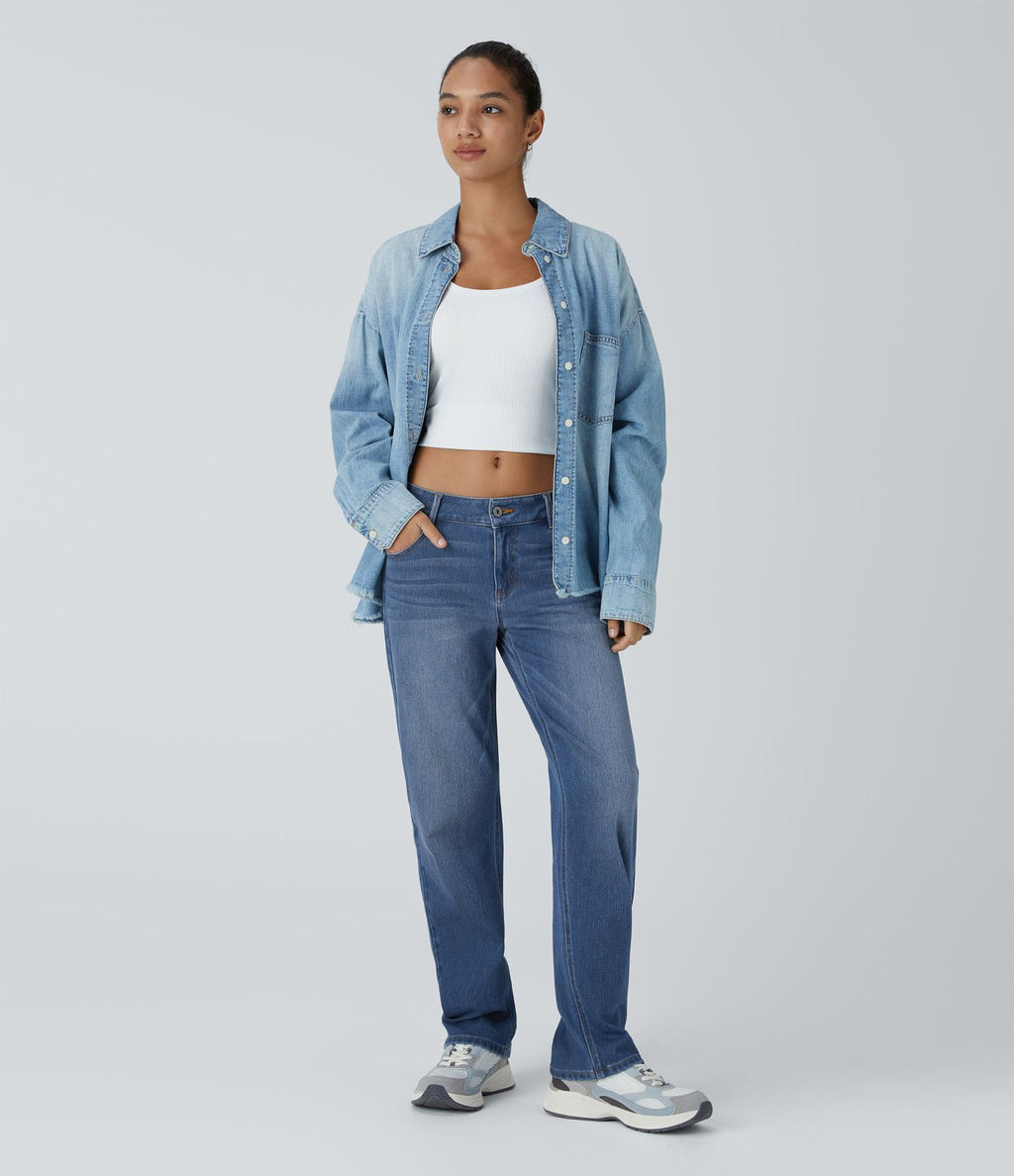 Jean décontracté Halara Flex™ taille basse à jambes droites avec bouton, fermeture éclair, multiples poches, effet délavé en maille extensible