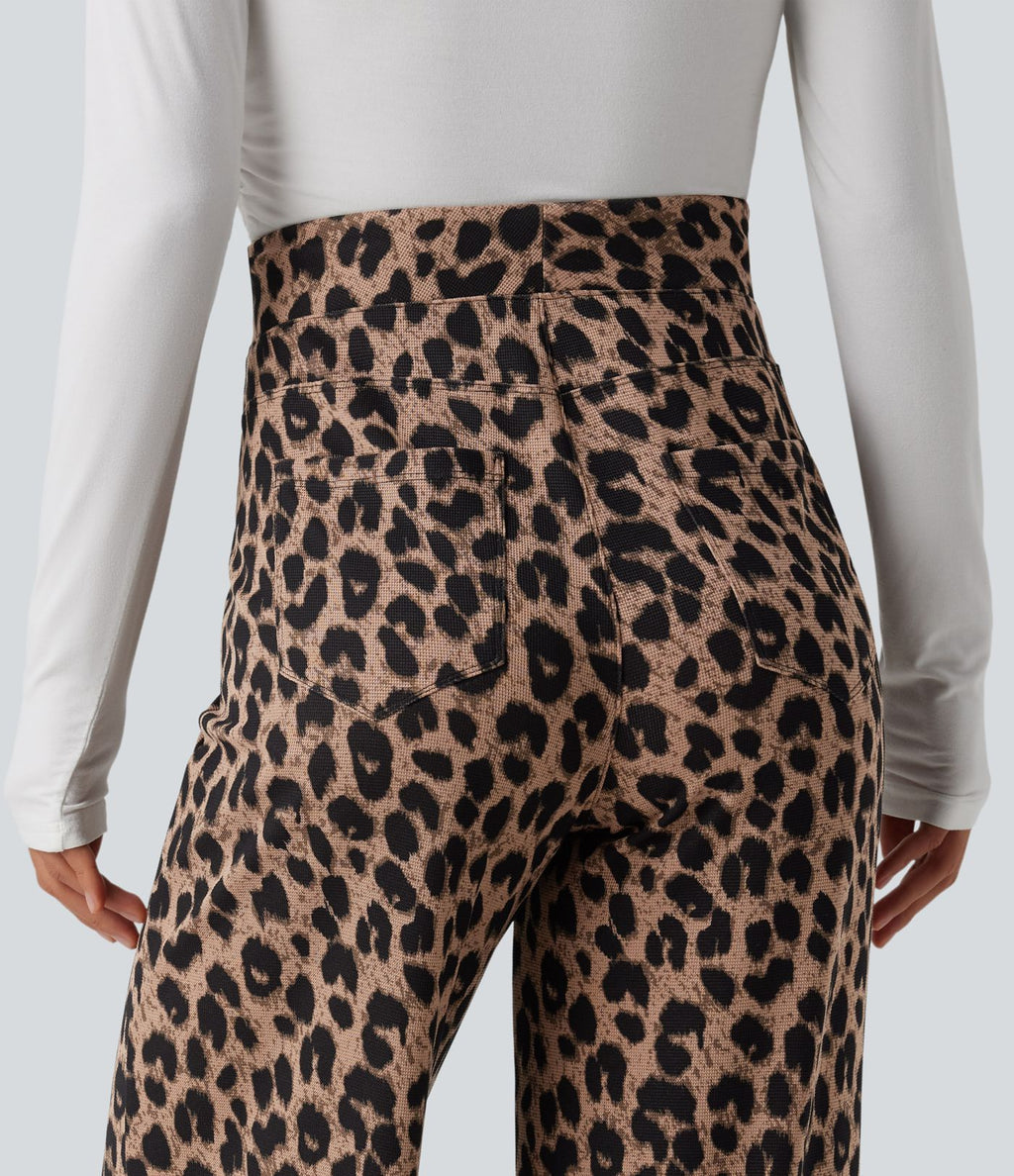 Pantalon large décontracté taille haute gaufré imprimé léopard avec poches