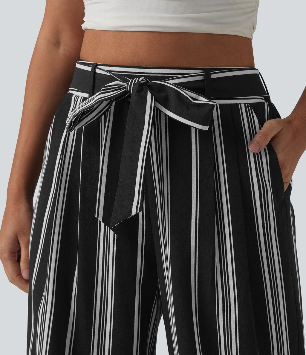 Pantalon large taille haute à rayures avec ceinture et poches