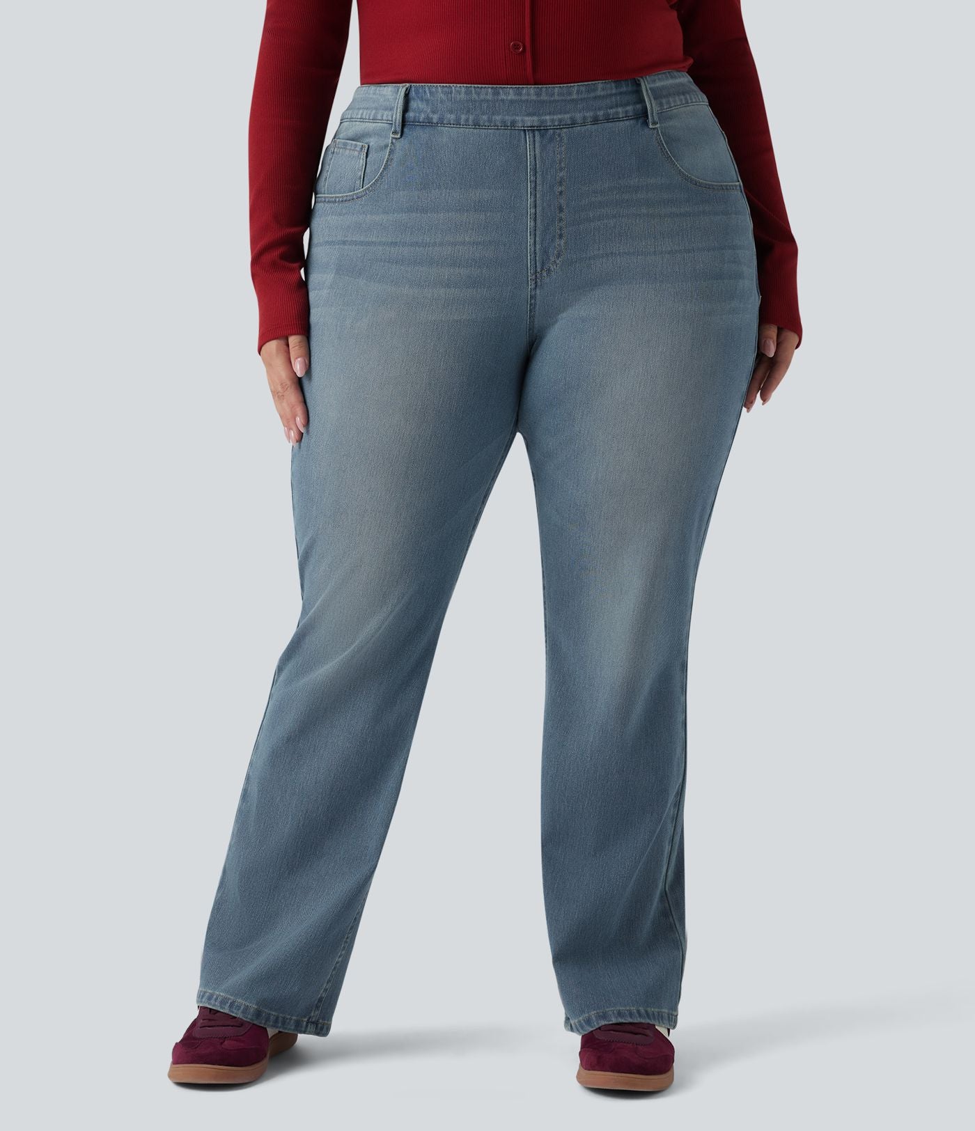 Jean décontracté grande taille évasé taille haute Halara Flex™ effet délavé avec multiples poches
