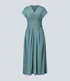 Breezeful™ Robe Mi-Longue Col en V Manches Courtes Poche Latérale Nouée au Dos Séchage Rapide