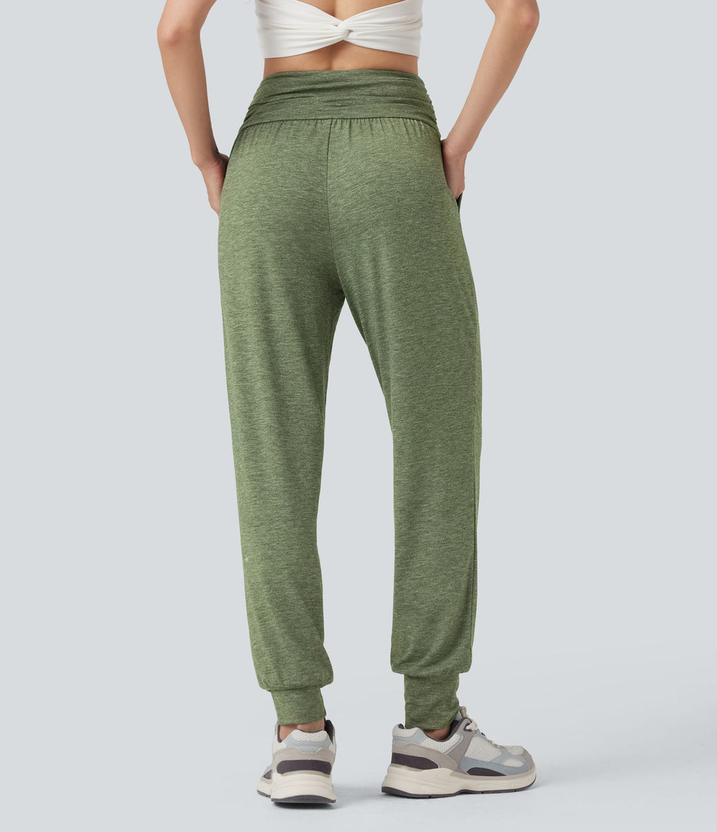 Jogging taille haute froncé chiné avec poches
