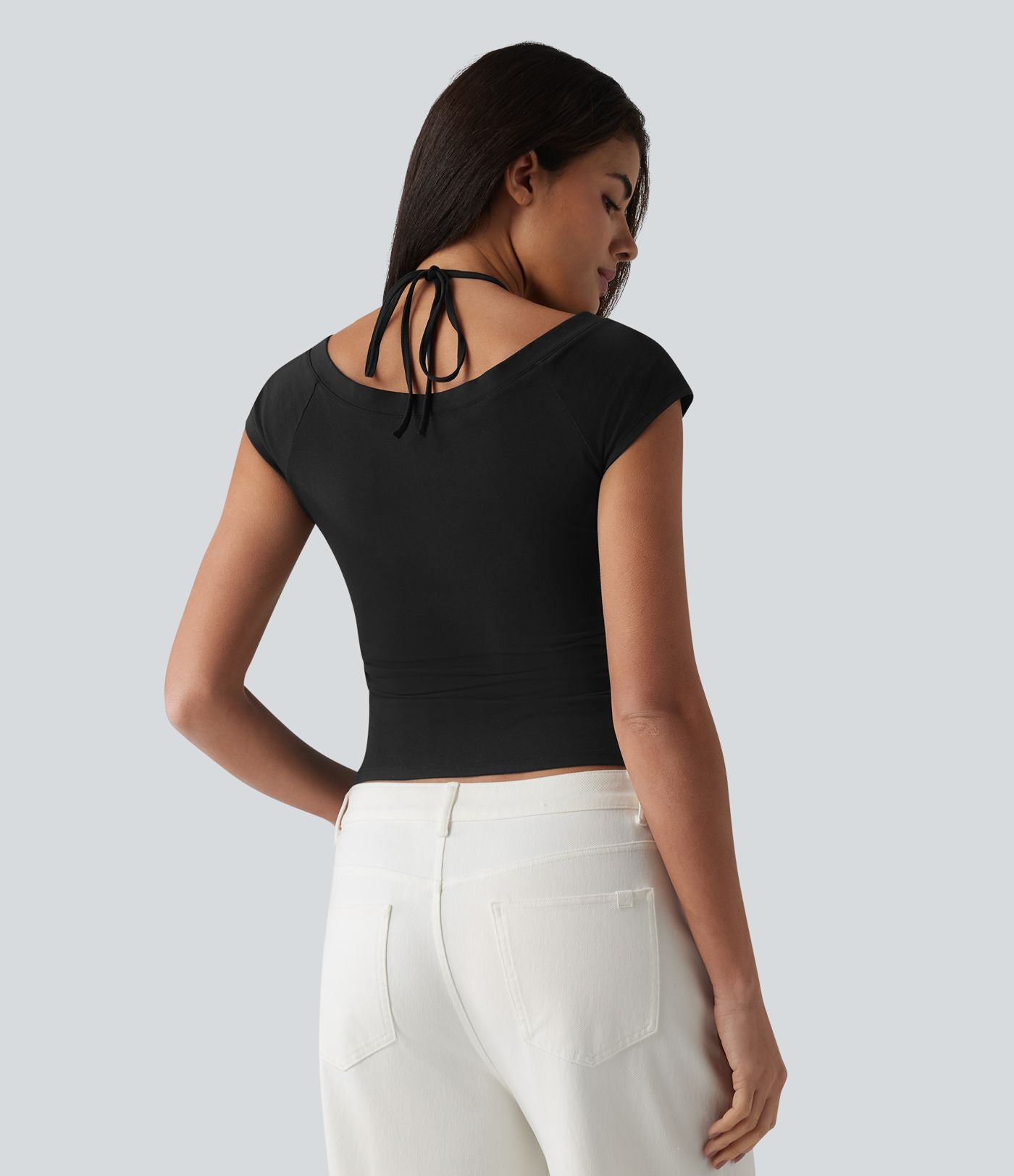 Halara T-shirt casual 2 en 1 en jersey de coton manches courtes dos noué froncé