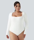 Body grande taille maille côtelée col carré manches longues ajusté