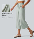 Pantalon large court taille haute en lin mélangé avec cordon de serrage et poches