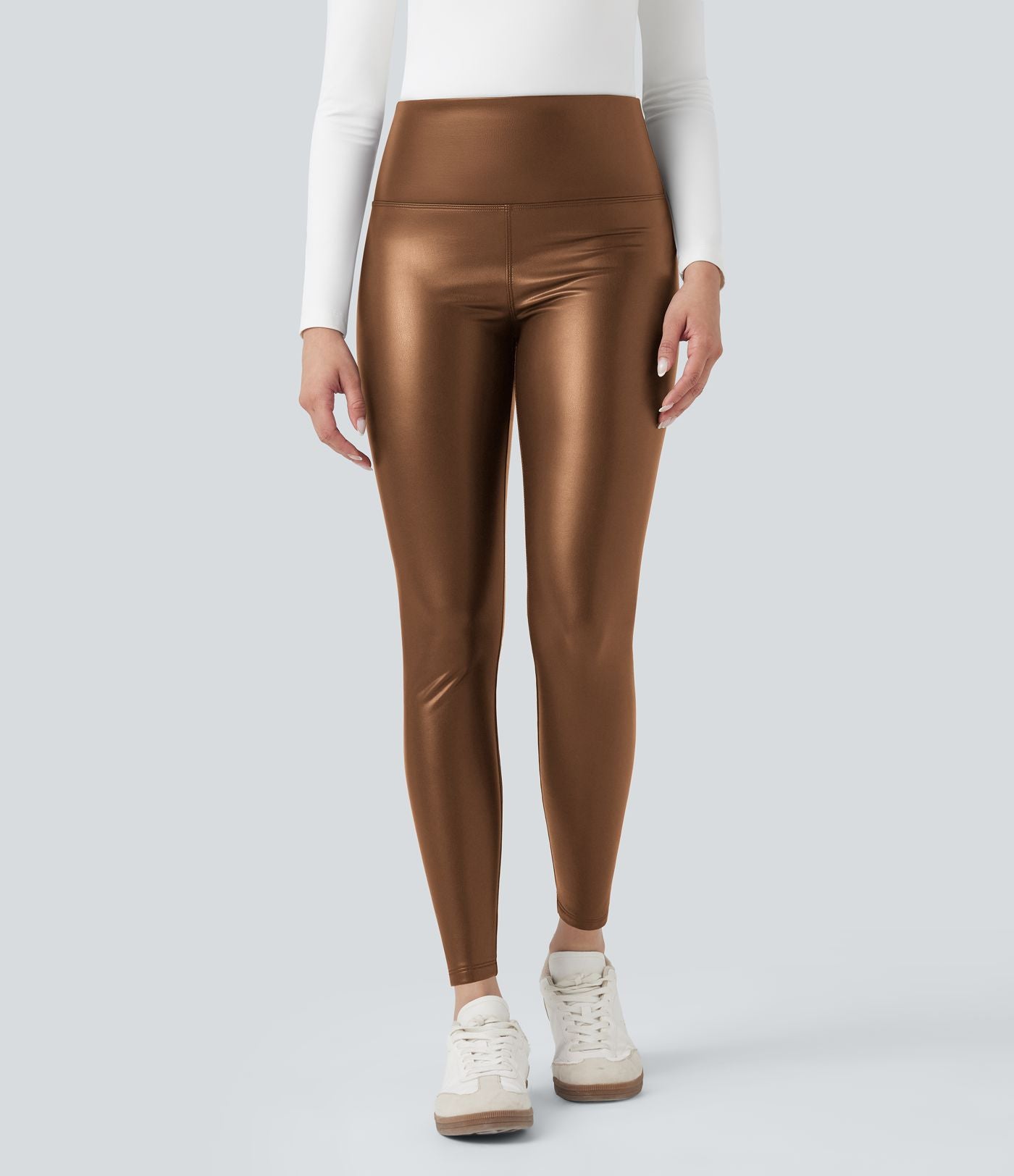 Pantalon 7/8 moulant décontracté polaire gainant taille haute extensible effet cuir avec poches