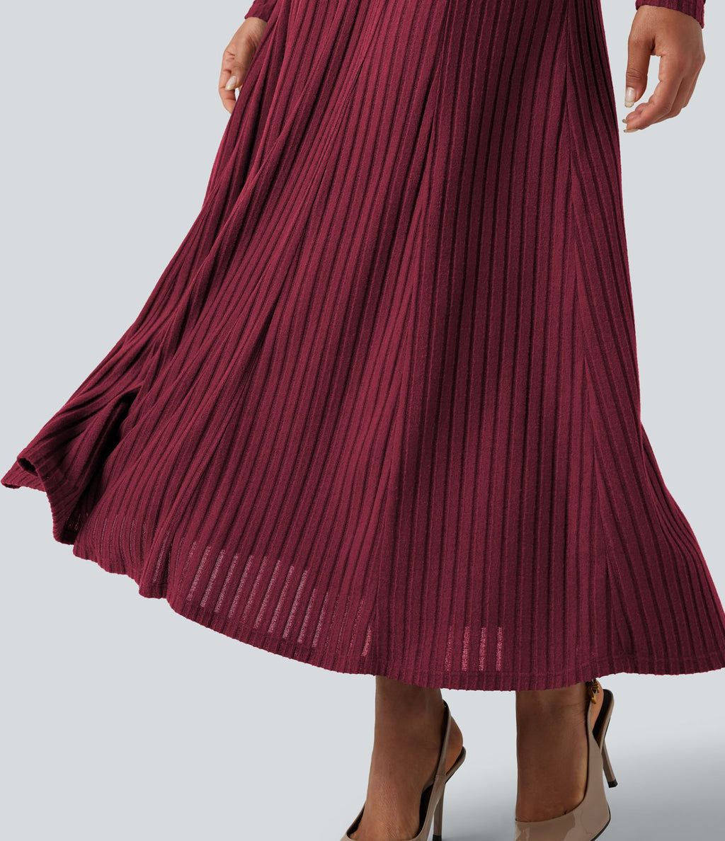 Robe longue fluide maille côtelée col henley manches longues