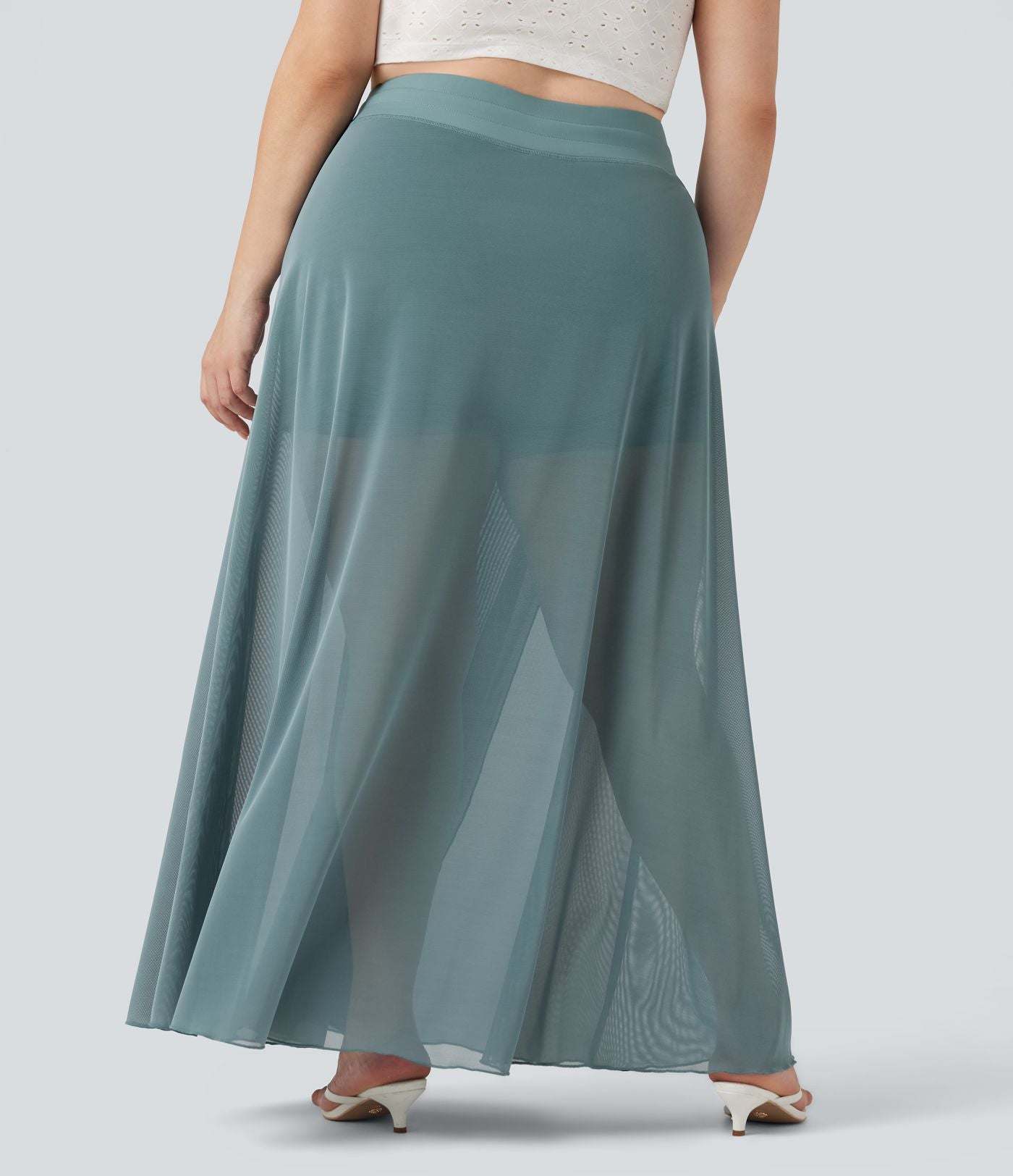 Jupe longue fluide grande taille 2-en-1 mesh contrastant taille haute avec cordon de serrage et poches