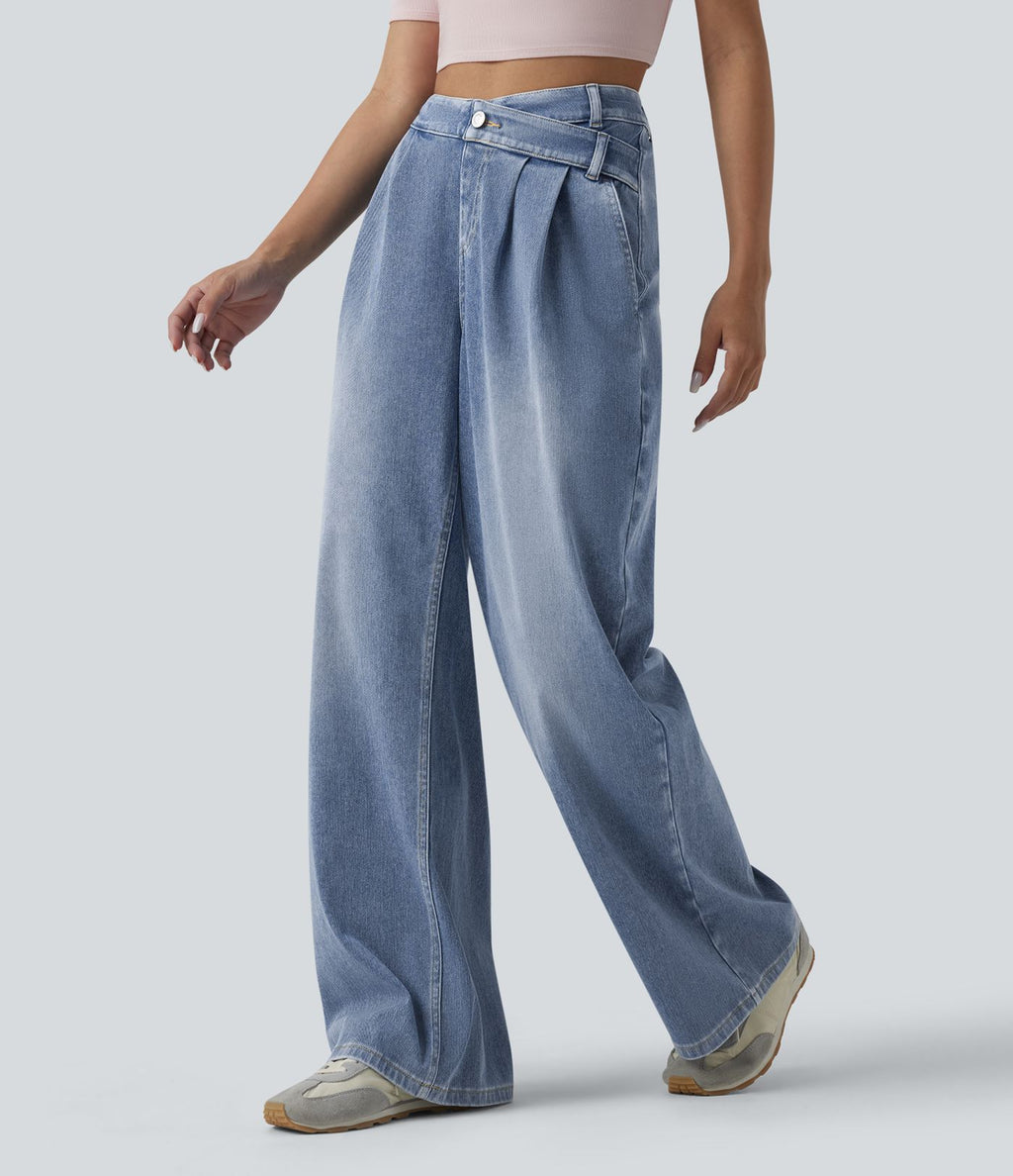 Halara Flex™ Jean large décontracté asymétrique taille haute délavé avec poches