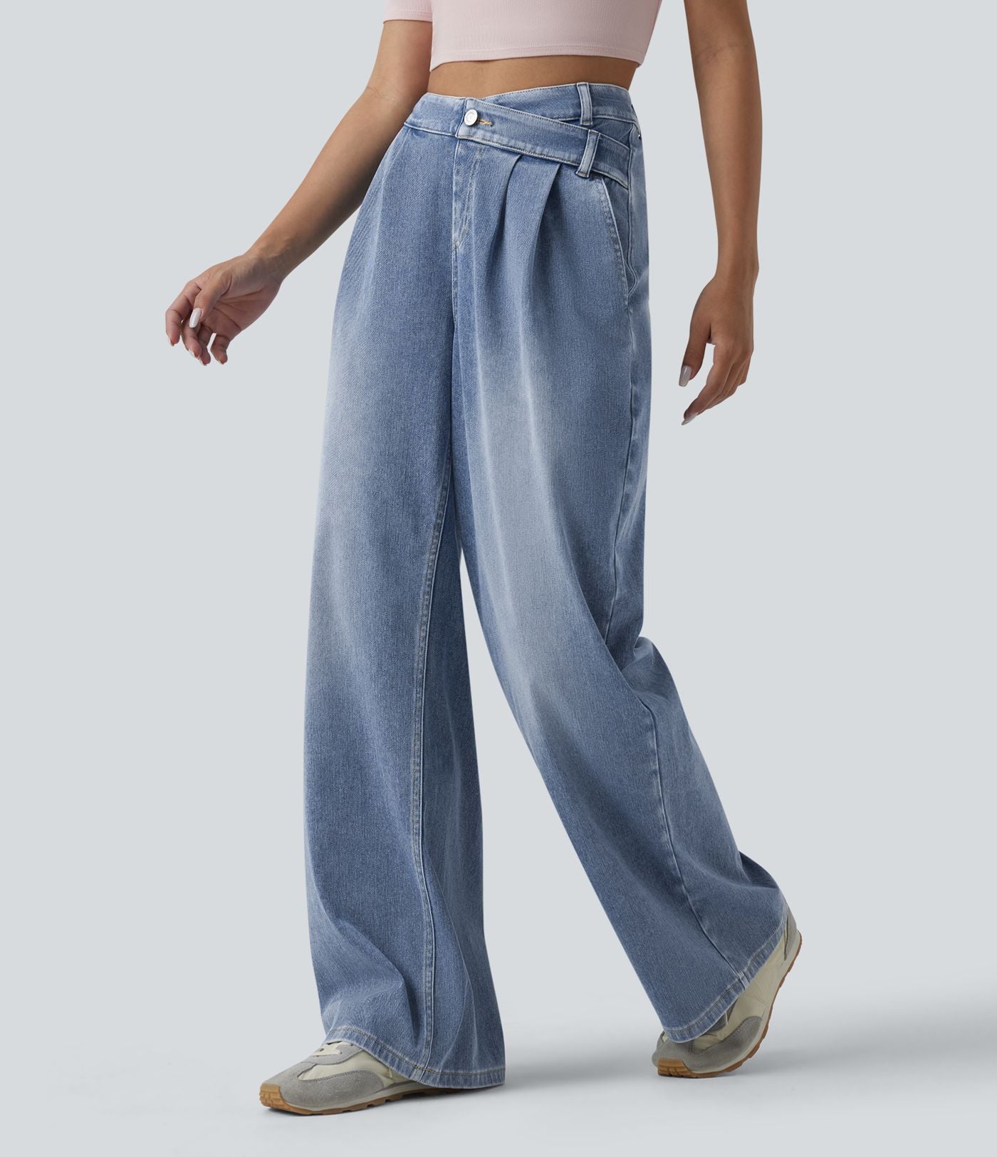 Halara Flex™ Jean large décontracté asymétrique taille haute délavé avec poches