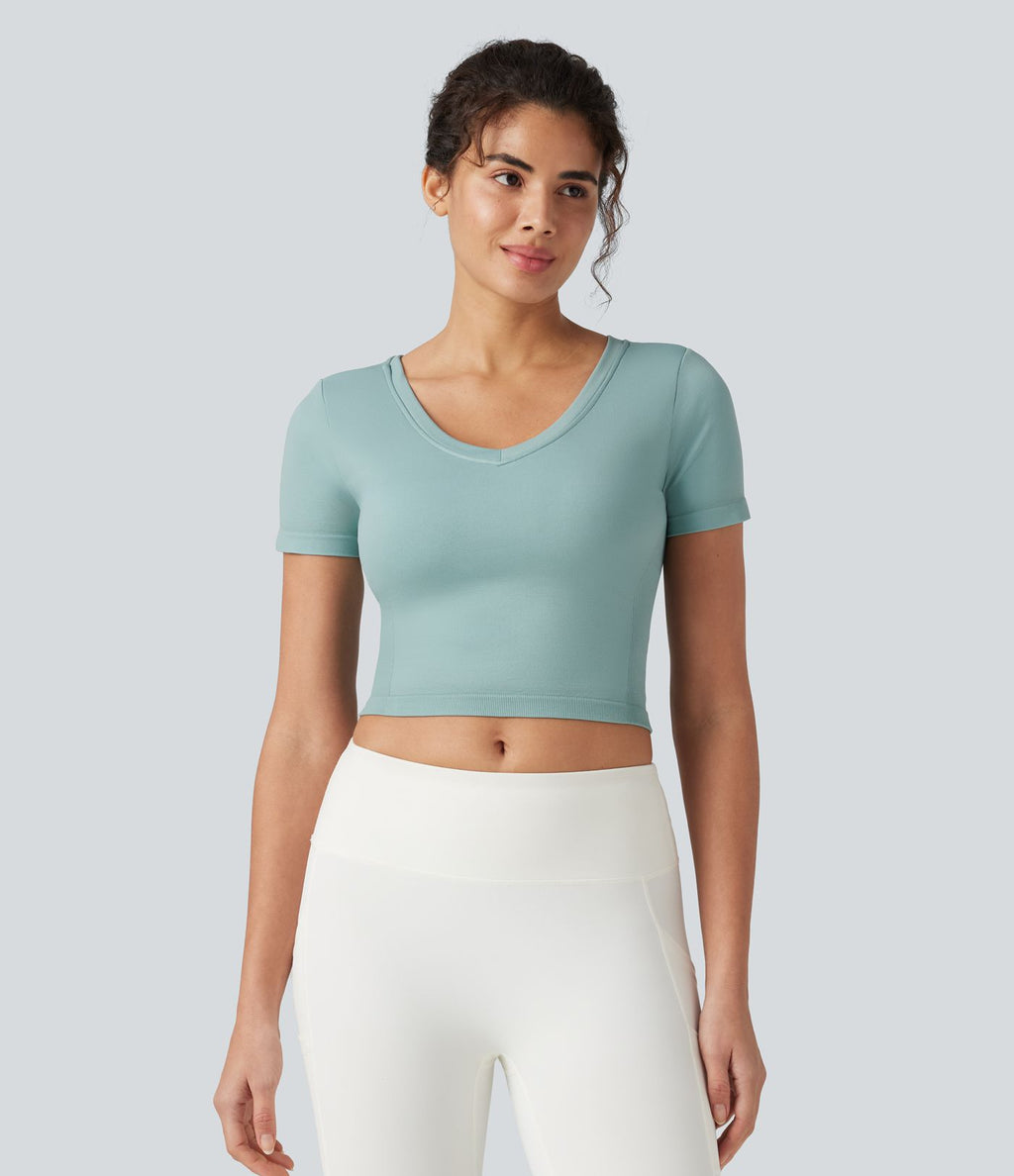 Haut de yoga court OneForm Seamless Flow col V à manches courtes avec brassière intégrée