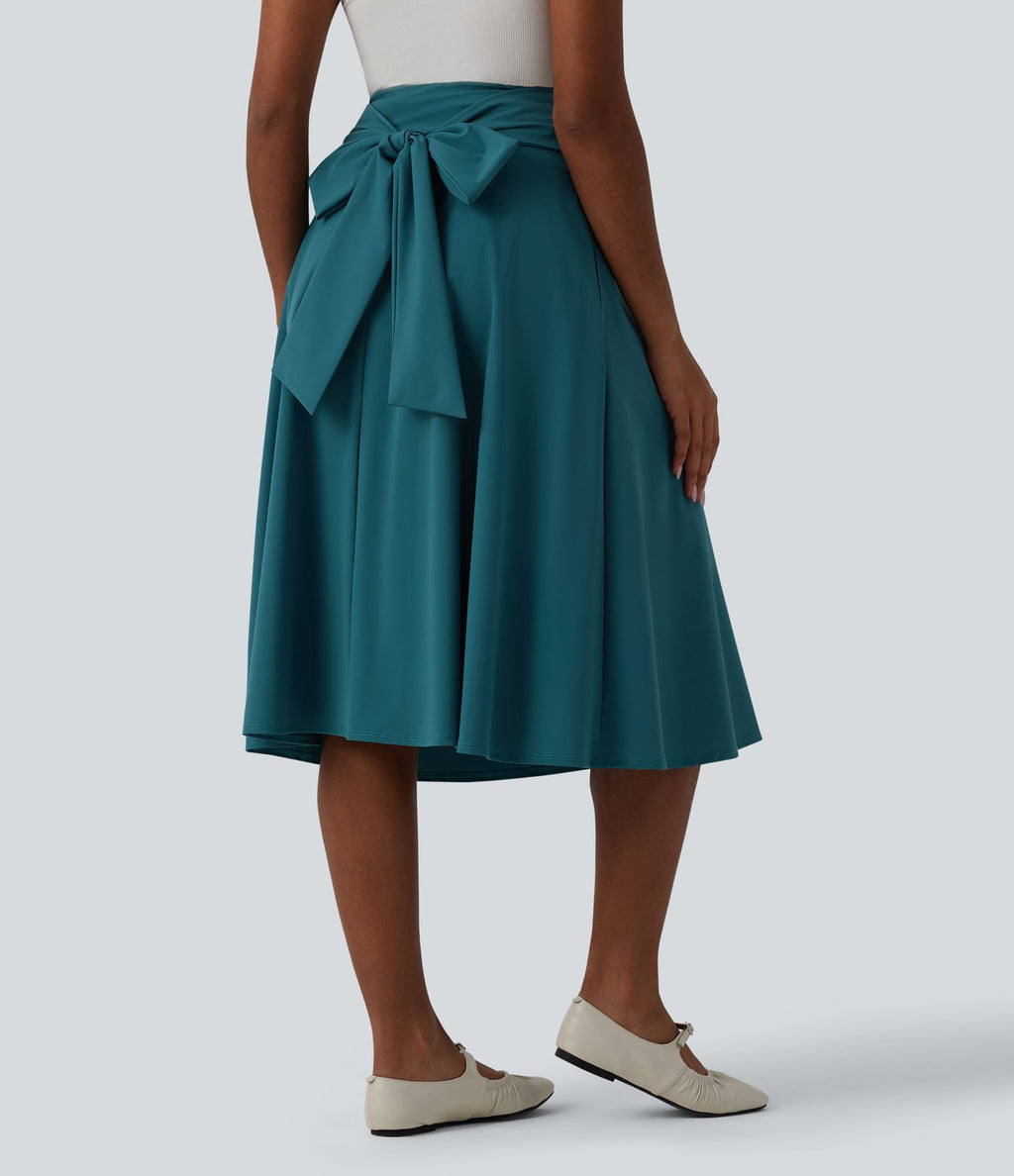 Jupe midi casual trapèze taille haute à nœud devant