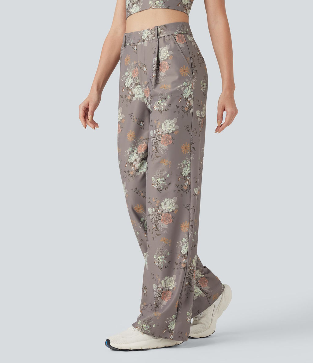 Pantalon décontracté droit à imprimé floral, taille haute Halara X Yukiko, avec poches