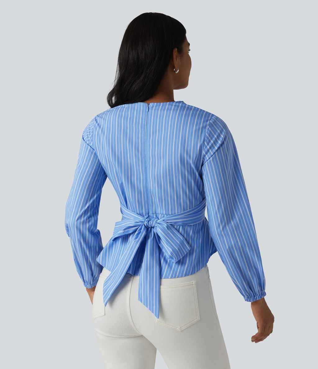 Blouse de travail rayée à col V, manches longues et dos noué
