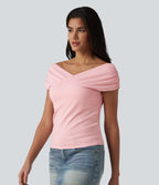 T-shirt casual en maille côtelée à manches courtes avec soutien-gorge intégré