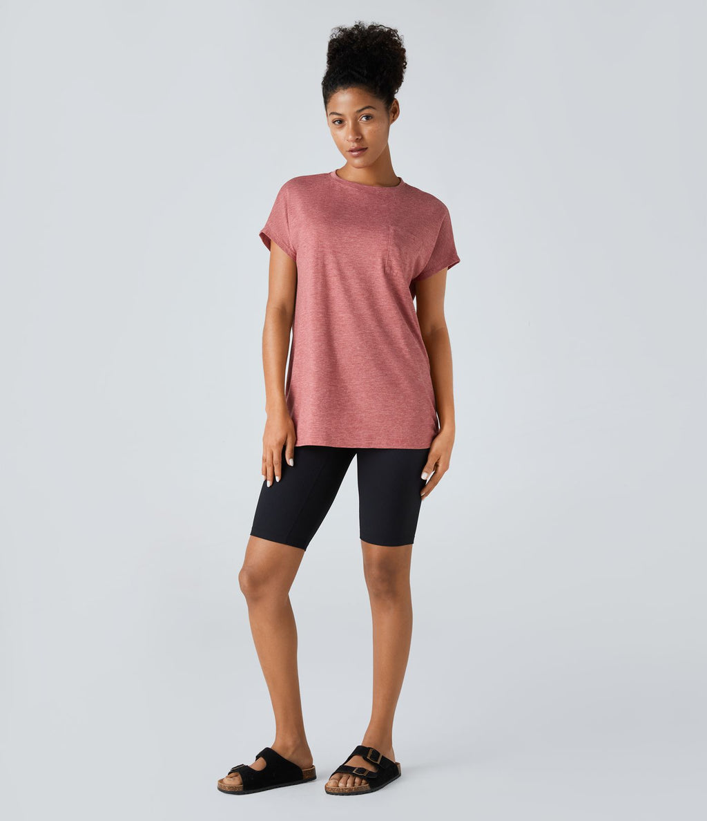 T-shirt Casual Relax à Col Rond Poche Poitrine Ourlet Fendu