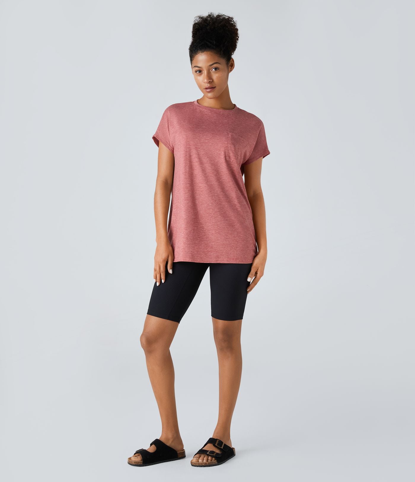 T-shirt Casual Relax à Col Rond Poche Poitrine Ourlet Fendu